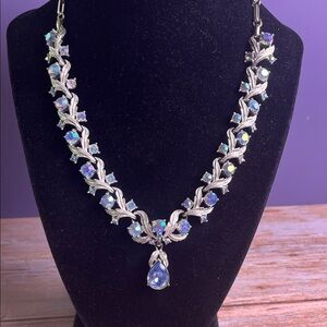 Vintage Coro AB Rhinestone Necklace Blue Glass Teardrop Silver Tone Choker 16"